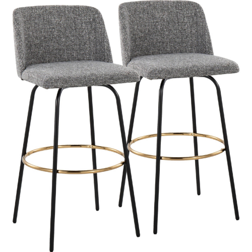 Toriano 30" Swivel Bar Stool in Grey Noise Fabric & Black Metal with Round Gold Footrest (Set of 2)
